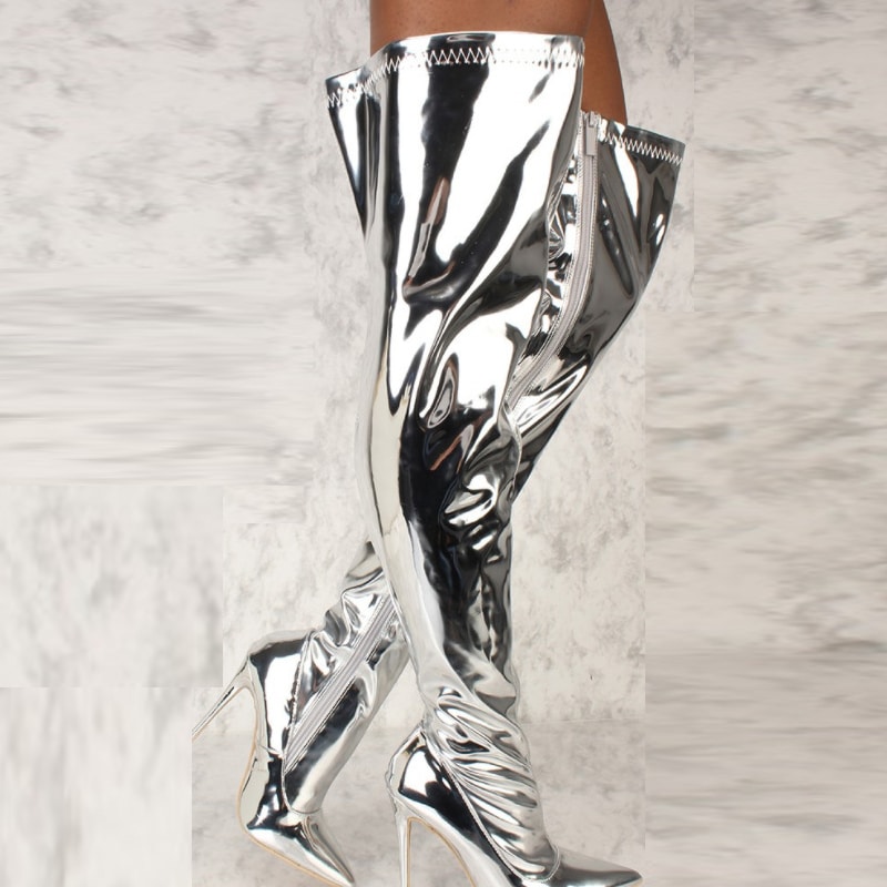 Silver Mirror Platform Over-the-Knee Boots with Pointy Toe