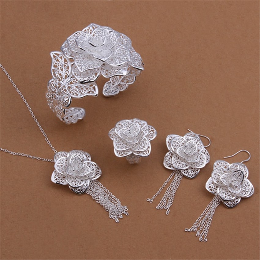 925 Sterling Silver Flower Jewelry Set For Fashion Party