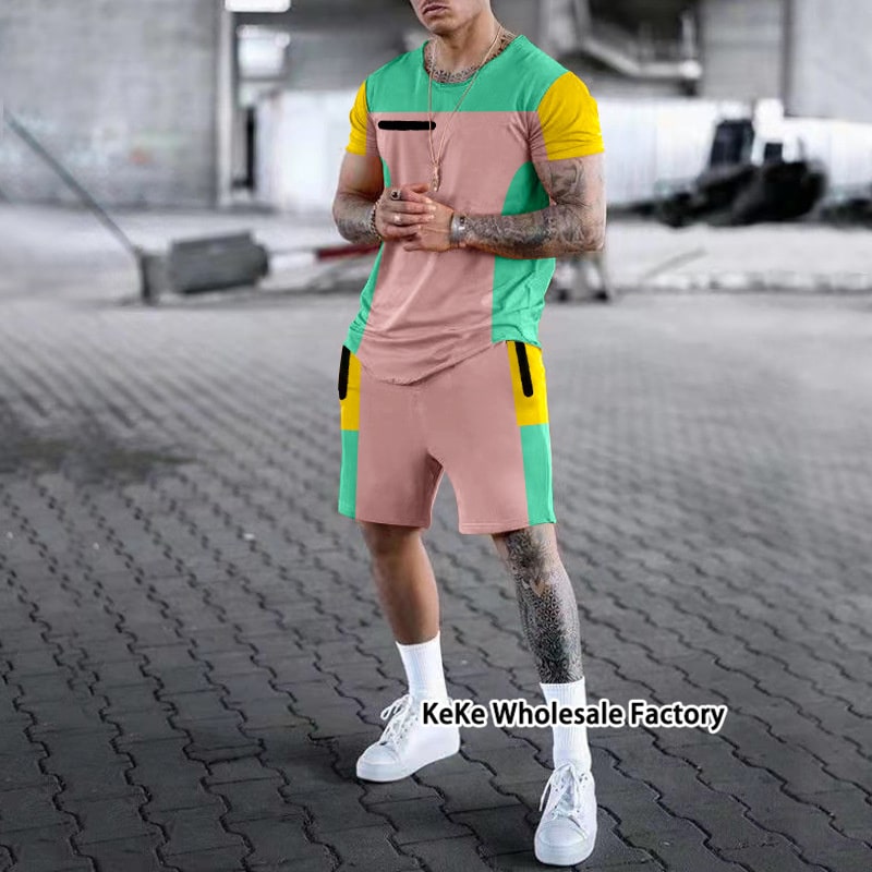 Man-sport-suit-solid-color-fashion-running-t-shirts-shorts-two-piece-sets-sportswear-stitching-color-4