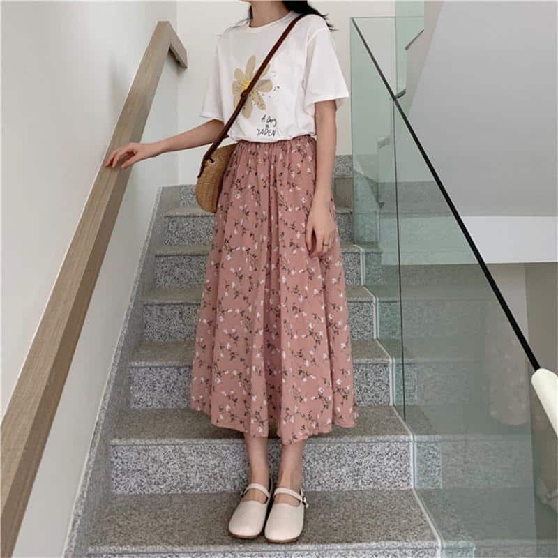 Vintage-floral-print-a-line-pleated-long-skirts-summer-women-2022-korean-skirt-streetwear-drawstring-elastic-5