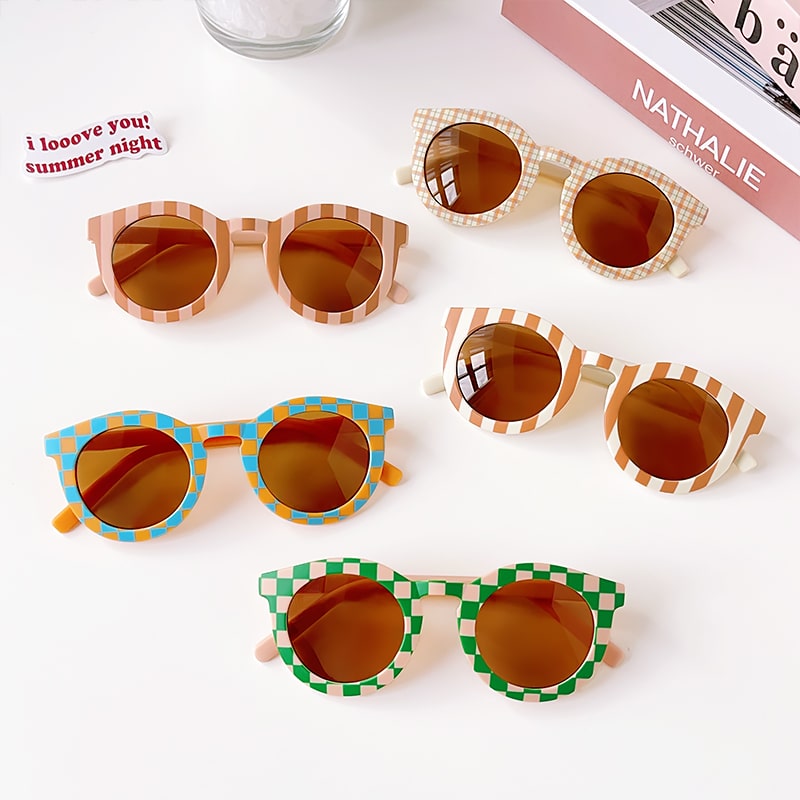 UV400 Round Sunglasses Cute Checker Panel Design